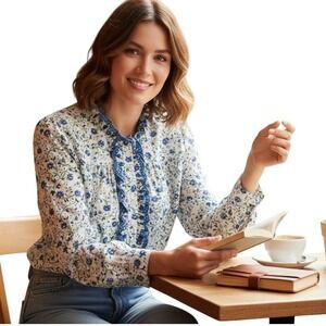 Mary Marshmallow Womens Floral Blouse Ruffle Trim‎ Long Sleeve Cotton Blue Green